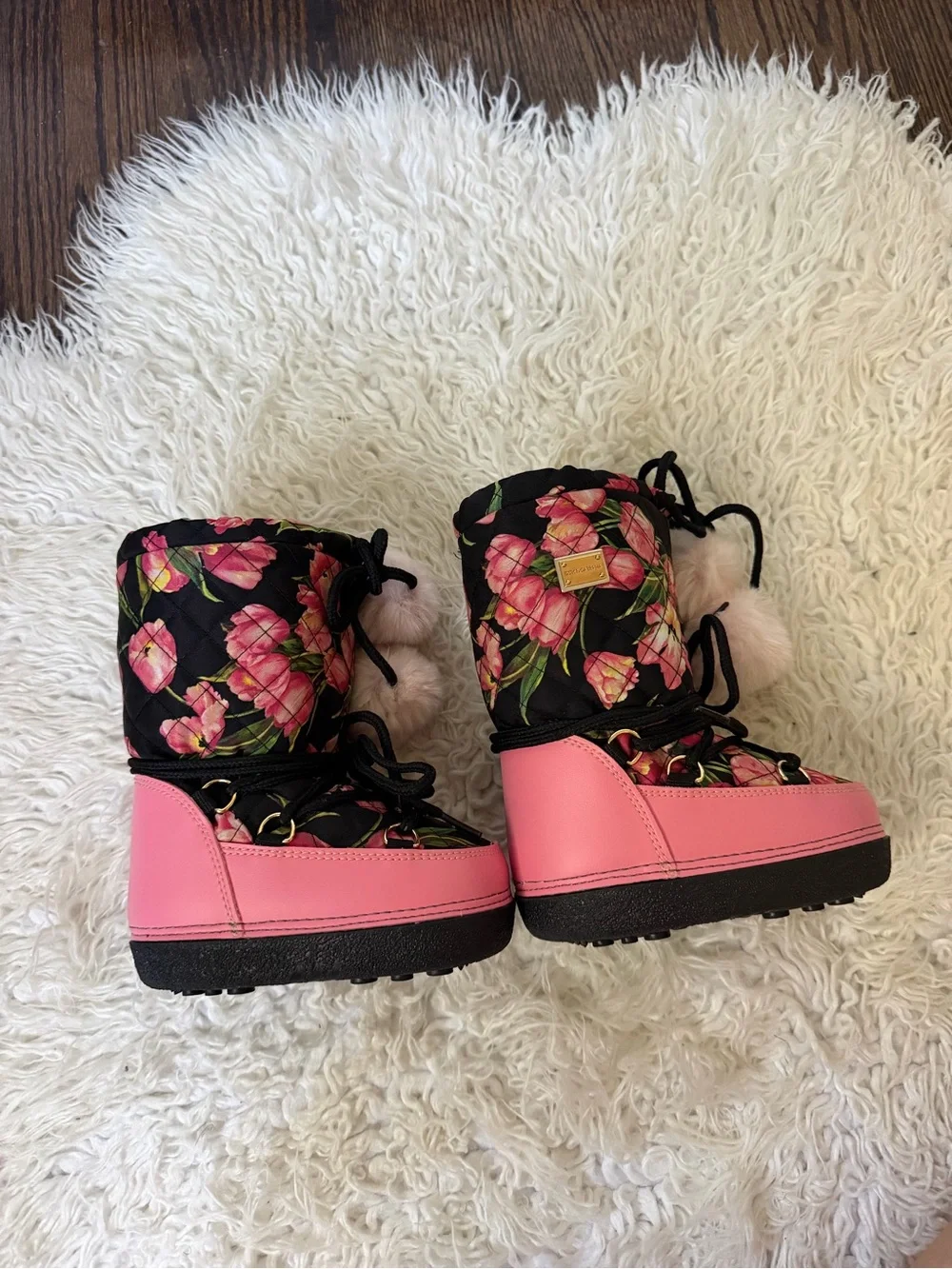 Dolce and Gabbana Pink Floral Quilted Winter Boots with Pom-Pom Accents